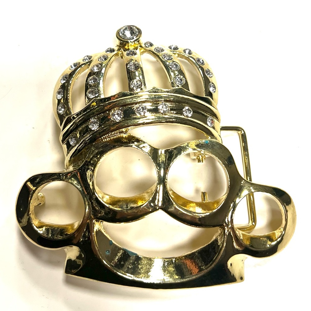 Gold Rhinestone King Crown Brass Knuckles Mens Fashion Belt Buckle